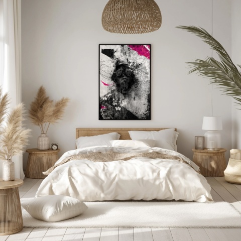 Plakat abstrakcyjny Format A3 - 0010 - „Zamaskowana Cisza” – postać w masce gazowej na industrialnym tle