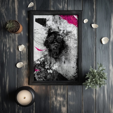 Plakat abstrakcyjny Format A3 - 0010 - „Zamaskowana Cisza” – postać w masce gazowej na industrialnym tle