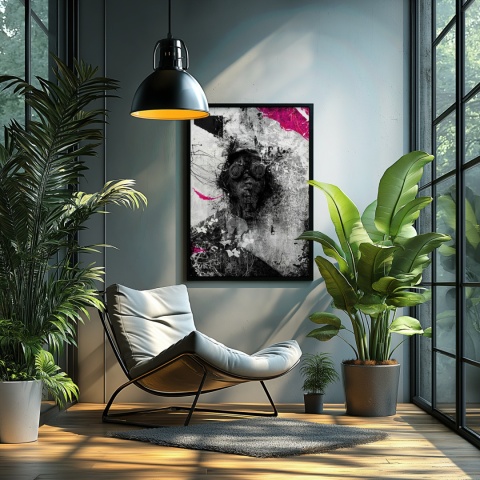 Plakat abstrakcyjny Format A3 - 0010 - „Zamaskowana Cisza” – postać w masce gazowej na industrialnym tle