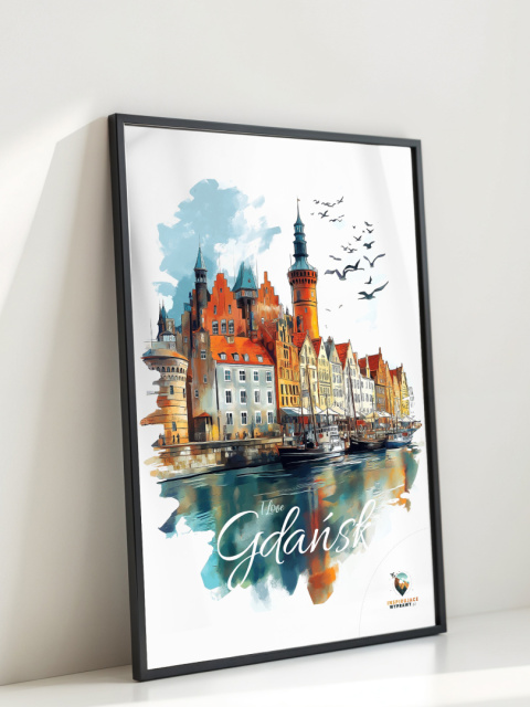 Plakat architektoniczny Format A2 – „Gdańsk – Portowe Echo Historii” – widok na nabrzeże Motławy z kamienicami i żurawiami