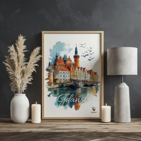 Plakat architektoniczny Format A2 – „Gdańsk – Portowe Echo Historii” – widok na nabrzeże Motławy z kamienicami i żurawiami