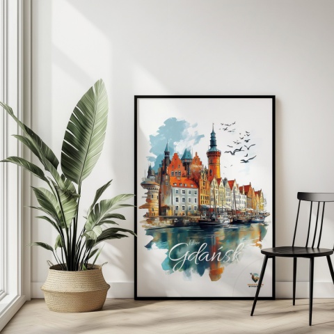 Plakat architektoniczny Format A2 – „Gdańsk – Portowe Echo Historii” – widok na nabrzeże Motławy z kamienicami i żurawiami