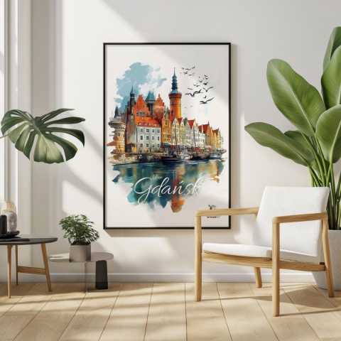 Plakat architektoniczny Format A2 – „Gdańsk – Portowe Echo Historii” – widok na nabrzeże Motławy z kamienicami i żurawiami