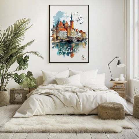 Plakat architektoniczny Format A2 – „Gdańsk – Portowe Echo Historii” – widok na nabrzeże Motławy z kamienicami i żurawiami