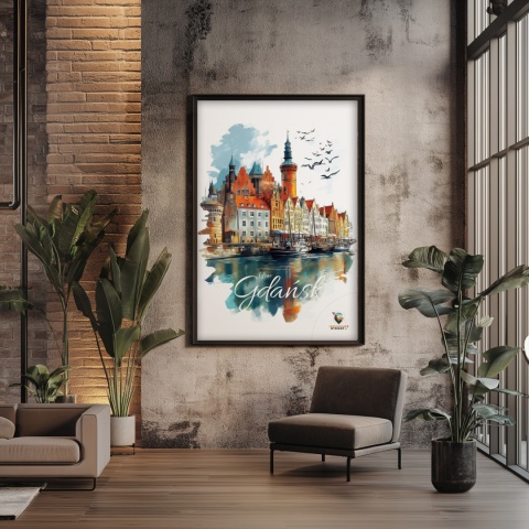 Plakat architektoniczny Format A2 – „Gdańsk – Portowe Echo Historii” – widok na nabrzeże Motławy z kamienicami i żurawiami