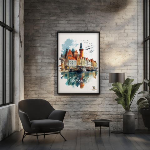 Plakat architektoniczny Format A2 – „Gdańsk – Portowe Echo Historii” – widok na nabrzeże Motławy z kamienicami i żurawiami