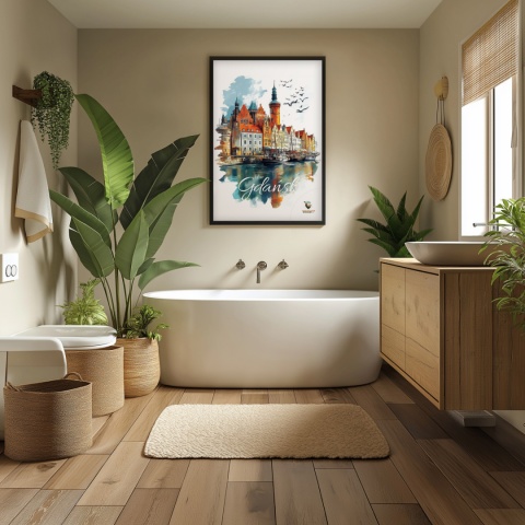 Plakat architektoniczny Format A2 – „Gdańsk – Portowe Echo Historii” – widok na nabrzeże Motławy z kamienicami i żurawiami