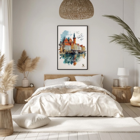 Plakat architektoniczny Format A2 – „Gdańsk – Portowe Echo Historii” – widok na nabrzeże Motławy z kamienicami i żurawiami