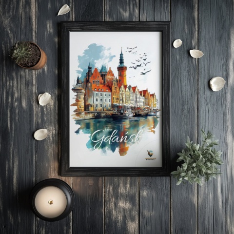 Plakat architektoniczny Format A2 – „Gdańsk – Portowe Echo Historii” – widok na nabrzeże Motławy z kamienicami i żurawiami