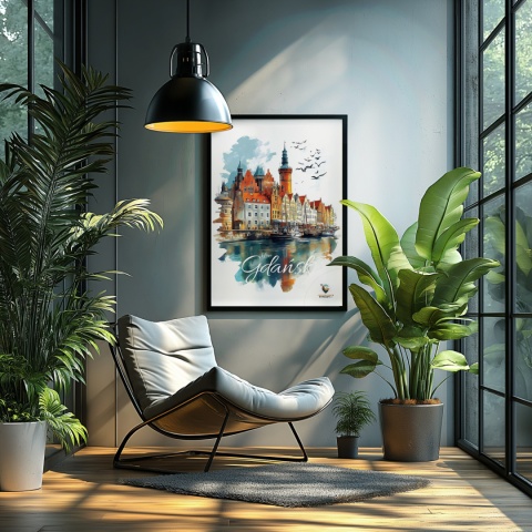 Plakat architektoniczny Format A2 – „Gdańsk – Portowe Echo Historii” – widok na nabrzeże Motławy z kamienicami i żurawiami