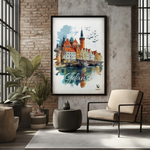 Plakat architektoniczny Format A2 – „Gdańsk – Portowe Echo Historii” – widok na nabrzeże Motławy z kamienicami i żurawiami