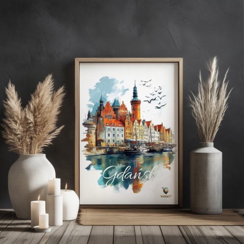 Plakat architektoniczny Format A3 – „Gdańsk – Portowe Echo Historii” – widok na nabrzeże Motławy z kamienicami i żurawiami