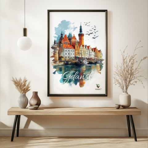 Plakat architektoniczny Format A3 – „Gdańsk – Portowe Echo Historii” – widok na nabrzeże Motławy z kamienicami i żurawiami