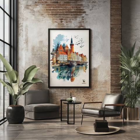 Plakat architektoniczny Format A3 – „Gdańsk – Portowe Echo Historii” – widok na nabrzeże Motławy z kamienicami i żurawiami