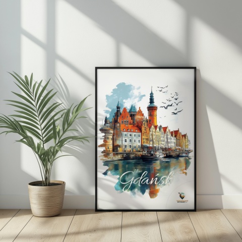 Plakat architektoniczny Format A3 – „Gdańsk – Portowe Echo Historii” – widok na nabrzeże Motławy z kamienicami i żurawiami