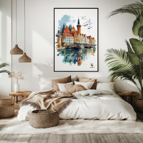 Plakat architektoniczny Format A3 – „Gdańsk – Portowe Echo Historii” – widok na nabrzeże Motławy z kamienicami i żurawiami