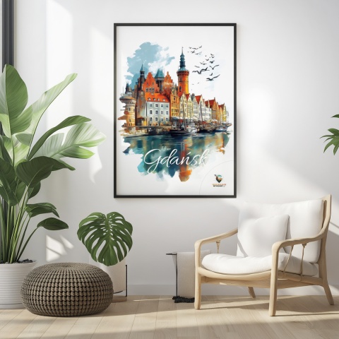 Plakat architektoniczny Format A3 – „Gdańsk – Portowe Echo Historii” – widok na nabrzeże Motławy z kamienicami i żurawiami