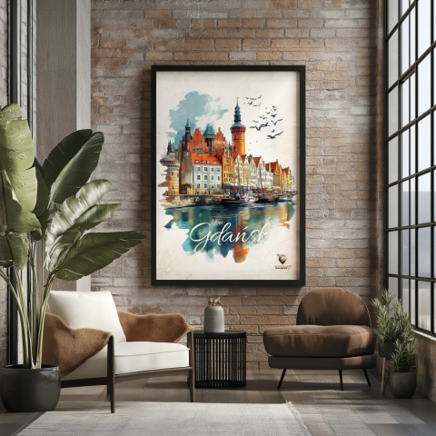 Plakat architektoniczny Format A3 – „Gdańsk – Portowe Echo Historii” – widok na nabrzeże Motławy z kamienicami i żurawiami