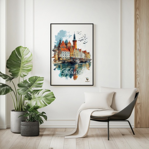 Plakat architektoniczny Format A3 – „Gdańsk – Portowe Echo Historii” – widok na nabrzeże Motławy z kamienicami i żurawiami