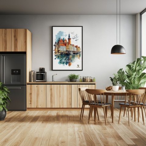 Plakat architektoniczny Format A3 – „Gdańsk – Portowe Echo Historii” – widok na nabrzeże Motławy z kamienicami i żurawiami