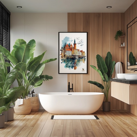 Plakat architektoniczny Format A3 – „Gdańsk – Portowe Echo Historii” – widok na nabrzeże Motławy z kamienicami i żurawiami