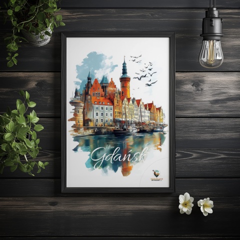 Plakat architektoniczny Format A3 – „Gdańsk – Portowe Echo Historii” – widok na nabrzeże Motławy z kamienicami i żurawiami