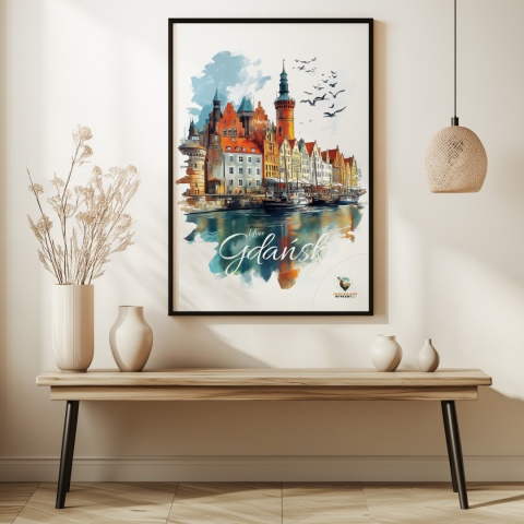 Plakat architektoniczny Format A3 – „Gdańsk – Portowe Echo Historii” – widok na nabrzeże Motławy z kamienicami i żurawiami