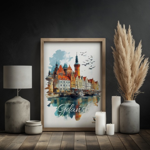 Plakat architektoniczny Format A3 – „Gdańsk – Portowe Echo Historii” – widok na nabrzeże Motławy z kamienicami i żurawiami
