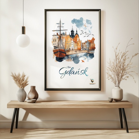 Plakat architektoniczny Format A3 – „Gdańsk – I LOVE GDAŃSK” – Malarska interpretacja Gdańskiej panoramy nad Motławą
