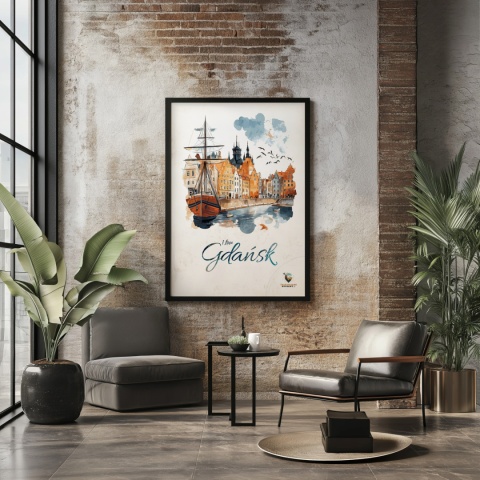 Plakat architektoniczny Format A3 – „Gdańsk – I LOVE GDAŃSK” – Malarska interpretacja Gdańskiej panoramy nad Motławą