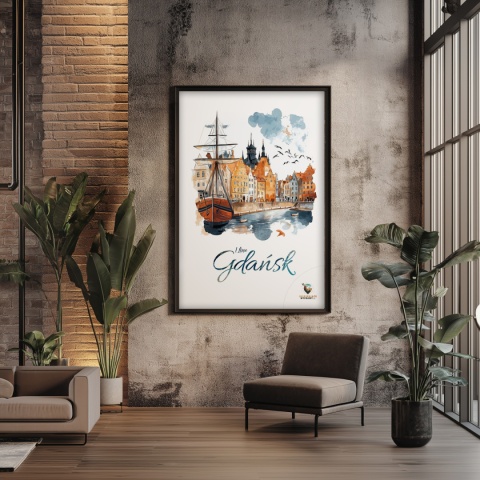 Plakat architektoniczny Format A3 – „Gdańsk – I LOVE GDAŃSK” – Malarska interpretacja Gdańskiej panoramy nad Motławą