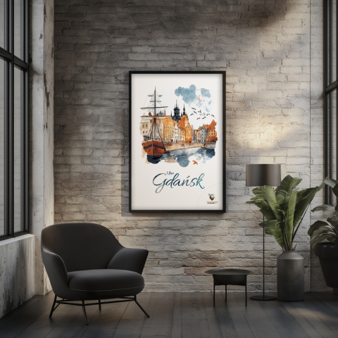 Plakat architektoniczny Format A3 – „Gdańsk – I LOVE GDAŃSK” – Malarska interpretacja Gdańskiej panoramy nad Motławą