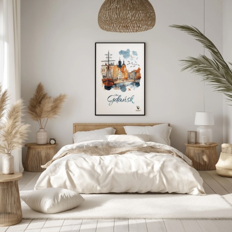 Plakat architektoniczny Format A3 – „Gdańsk – I LOVE GDAŃSK” – Malarska interpretacja Gdańskiej panoramy nad Motławą