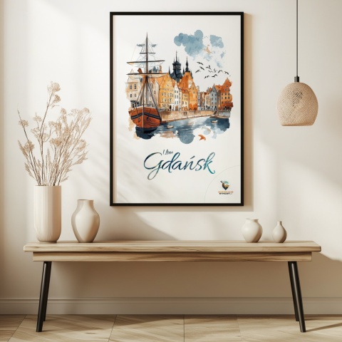 Plakat architektoniczny Format A3 – „Gdańsk – I LOVE GDAŃSK” – Malarska interpretacja Gdańskiej panoramy nad Motławą