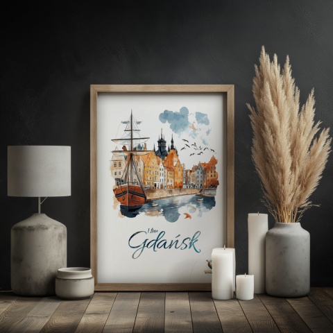 Plakat architektoniczny Format A3 – „Gdańsk – I LOVE GDAŃSK” – Malarska interpretacja Gdańskiej panoramy nad Motławą