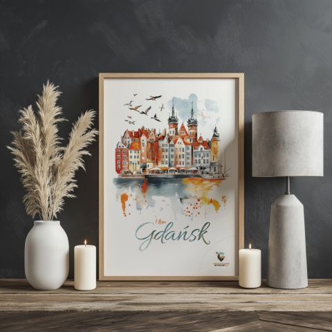 Plakat architektoniczny Format A2 – „Gdańsk – I LOVE GDAŃSK” – Malarska interpretacja Gdańskiej panoramy nad Motławą