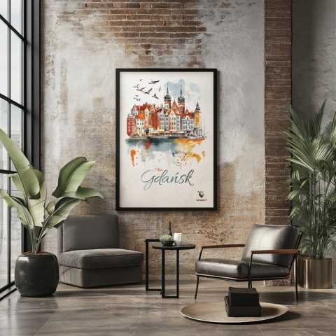 Plakat architektoniczny Format A2 – „Gdańsk – I LOVE GDAŃSK” – Malarska interpretacja Gdańskiej panoramy nad Motławą
