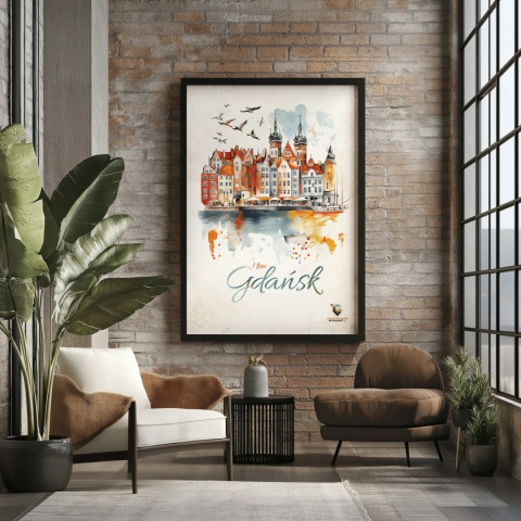 Plakat architektoniczny Format A2 – „Gdańsk – I LOVE GDAŃSK” – Malarska interpretacja Gdańskiej panoramy nad Motławą