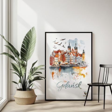 Plakat architektoniczny Format A2 – „Gdańsk – I LOVE GDAŃSK” – Malarska interpretacja Gdańskiej panoramy nad Motławą