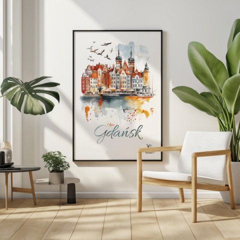 Plakat architektoniczny Format A2 – „Gdańsk – I LOVE GDAŃSK” – Malarska interpretacja Gdańskiej panoramy nad Motławą