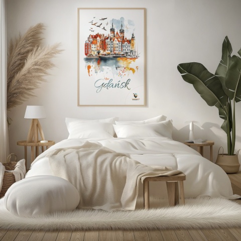 Plakat architektoniczny Format A2 – „Gdańsk – I LOVE GDAŃSK” – Malarska interpretacja Gdańskiej panoramy nad Motławą