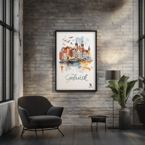 Plakat architektoniczny Format A2 – „Gdańsk – I LOVE GDAŃSK” – Malarska interpretacja Gdańskiej panoramy nad Motławą