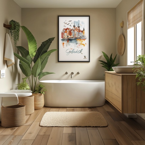 Plakat architektoniczny Format A2 – „Gdańsk – I LOVE GDAŃSK” – Malarska interpretacja Gdańskiej panoramy nad Motławą