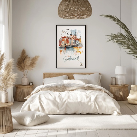 Plakat architektoniczny Format A2 – „Gdańsk – I LOVE GDAŃSK” – Malarska interpretacja Gdańskiej panoramy nad Motławą