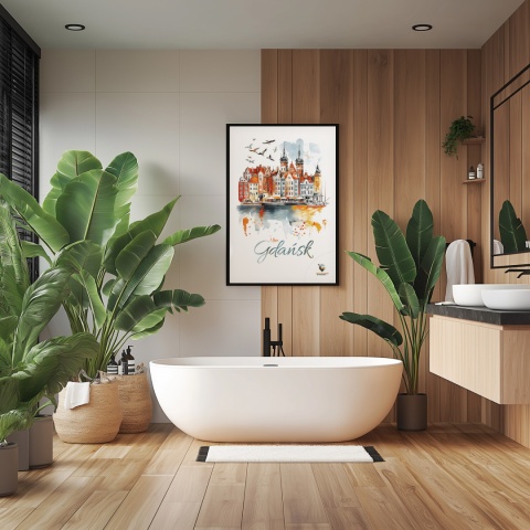 Plakat architektoniczny Format A2 – „Gdańsk – I LOVE GDAŃSK” – Malarska interpretacja Gdańskiej panoramy nad Motławą