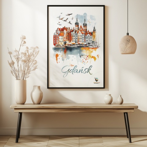 Plakat architektoniczny Format A2 – „Gdańsk – I LOVE GDAŃSK” – Malarska interpretacja Gdańskiej panoramy nad Motławą
