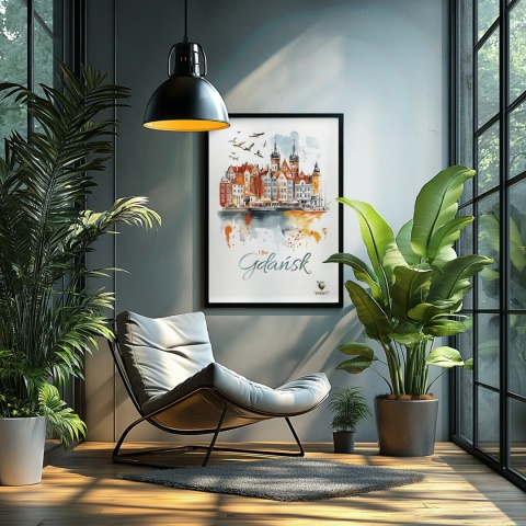 Plakat architektoniczny Format A2 – „Gdańsk – I LOVE GDAŃSK” – Malarska interpretacja Gdańskiej panoramy nad Motławą