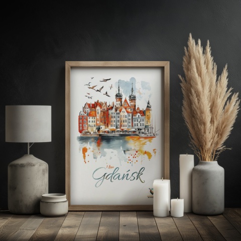 Plakat architektoniczny Format A2 – „Gdańsk – I LOVE GDAŃSK” – Malarska interpretacja Gdańskiej panoramy nad Motławą