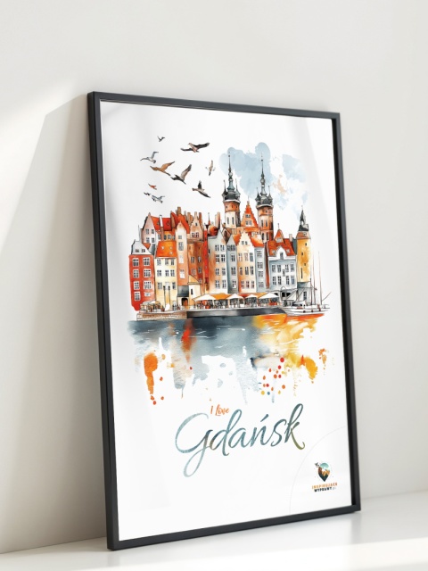 Plakat architektoniczny Format A3 – „Gdańsk – I LOVE GDAŃSK” – Malarska interpretacja Gdańskiej panoramy nad Motławą