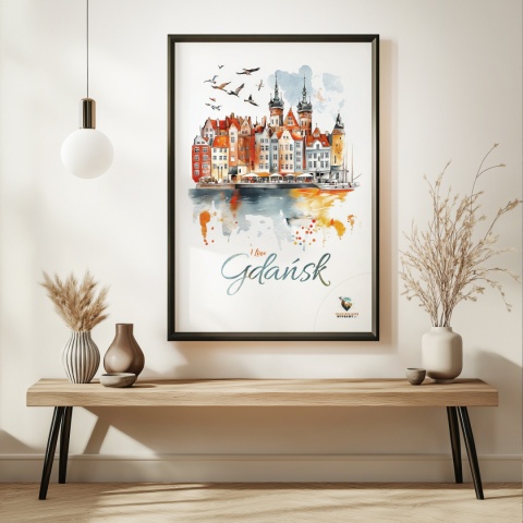 Plakat architektoniczny Format A3 – „Gdańsk – I LOVE GDAŃSK” – Malarska interpretacja Gdańskiej panoramy nad Motławą